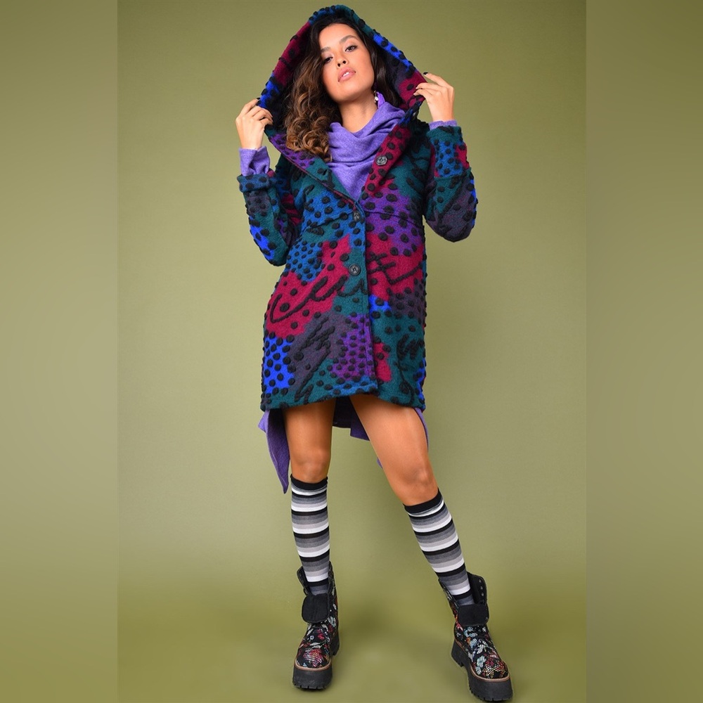 Ornella Colorful Hooded Women's Coat Size Medium NWT